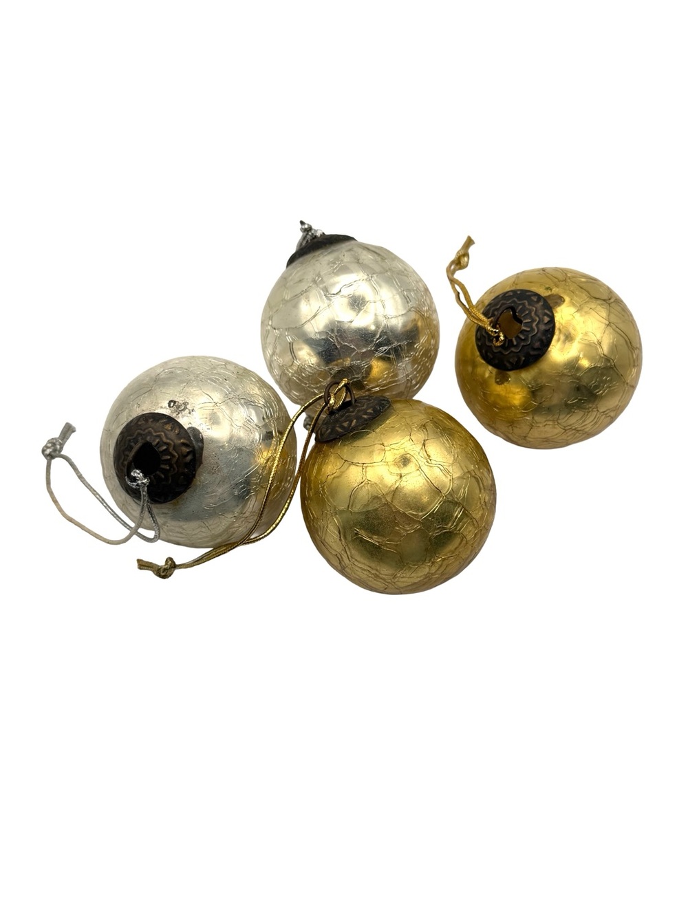 Set of 4 Vintage Metallic Gold & Silver Ornaments, Kugel Style, mercury glass